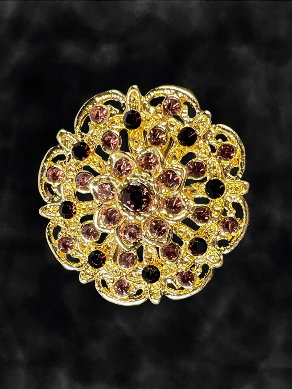 Gold Tone Floral Rhinestone Brooch Pink Brown Crystal Statement Pin 1.75 in